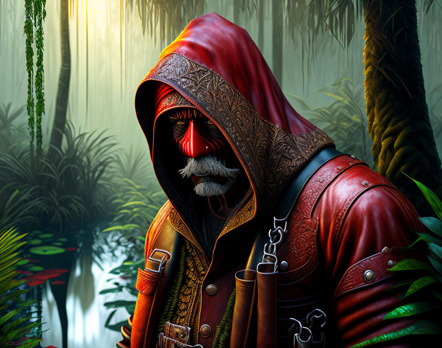 Mysterious Figure in Red Hooded Cloak in Lush Jungle