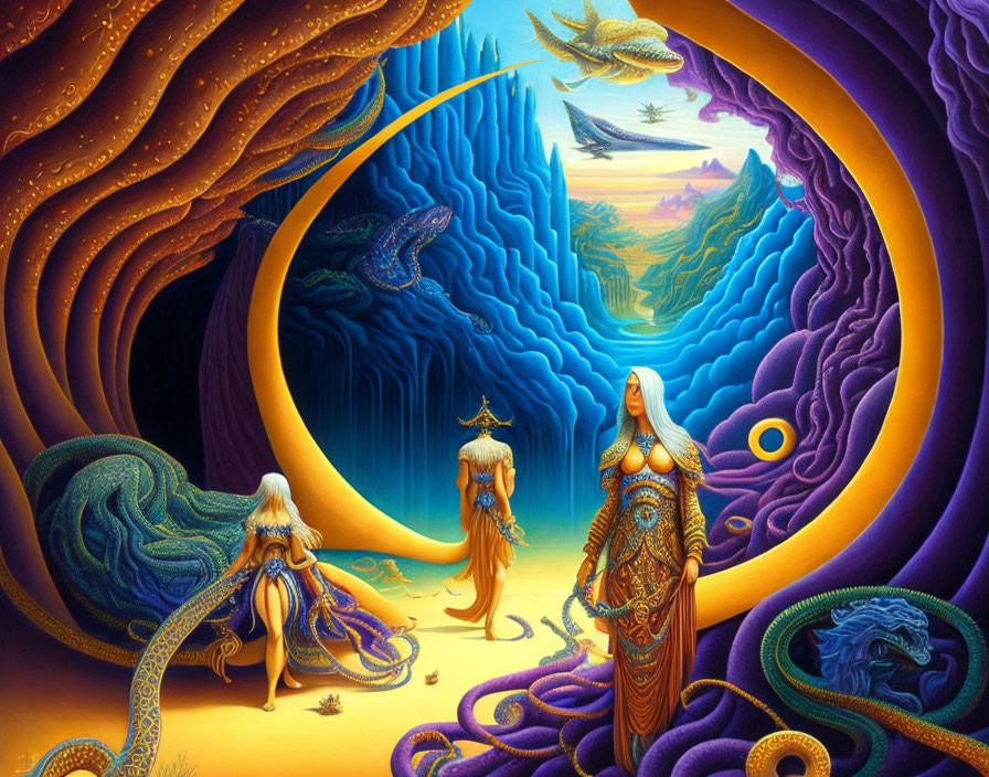 Fantasy painting with three robed figures in surreal landscape