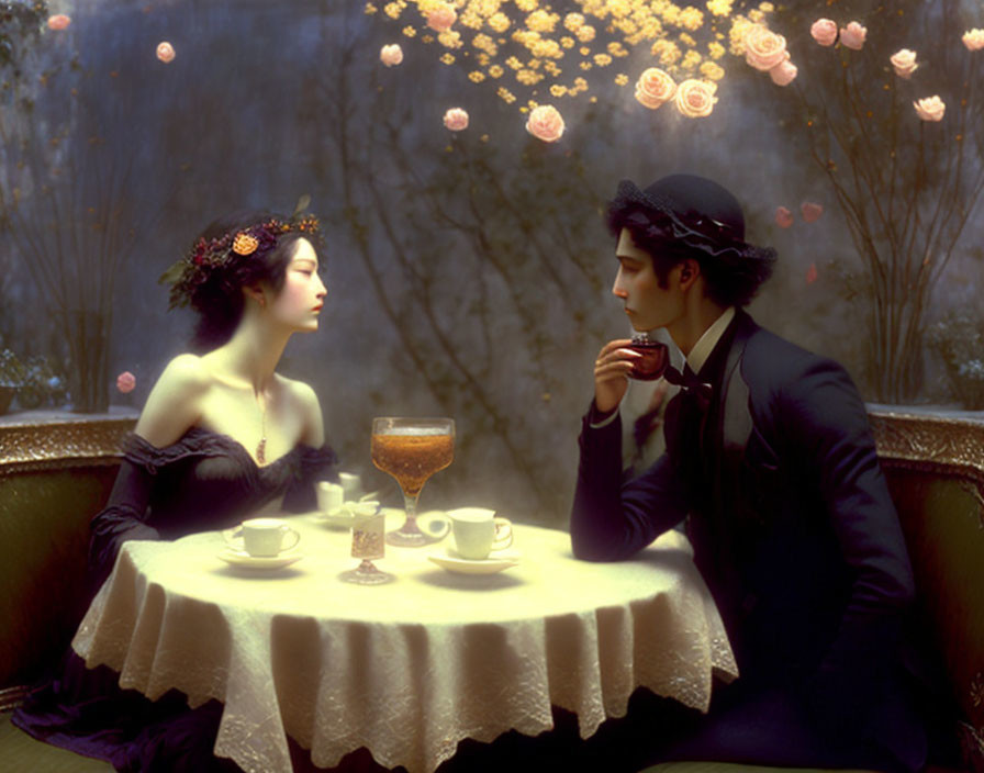 Victorian-era couple at round table with tea and floating roses.