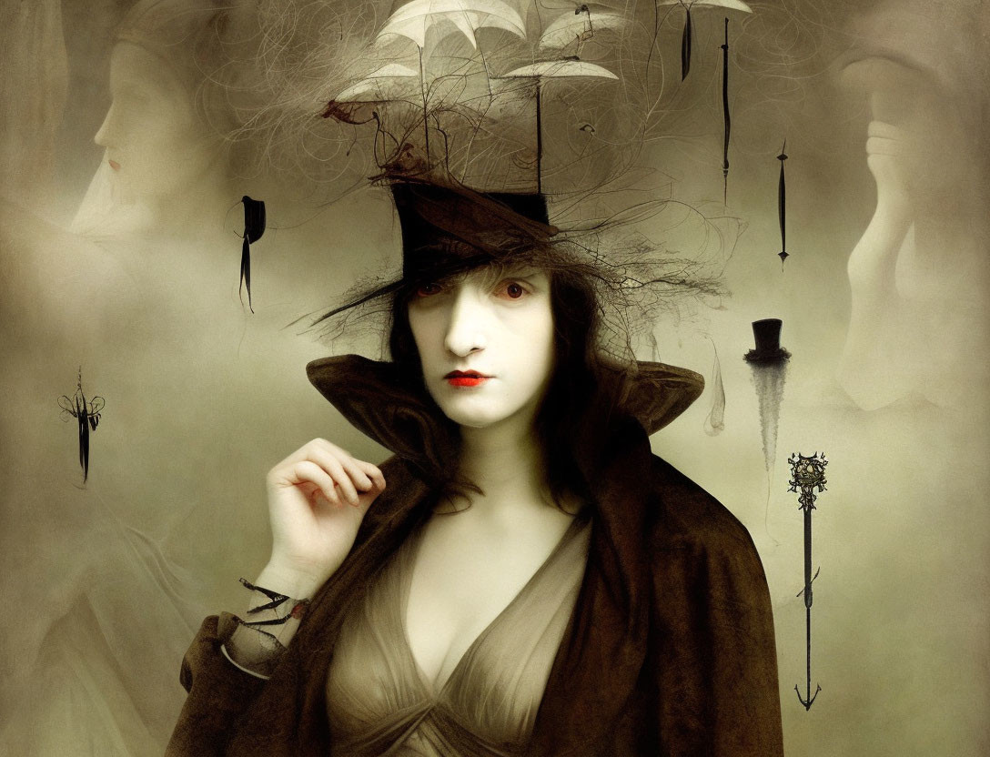 Surreal portrait of woman with dark hat and floating objects