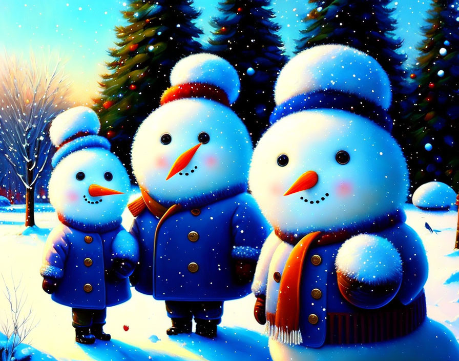 Three snowmen in winter clothes in snowy landscape