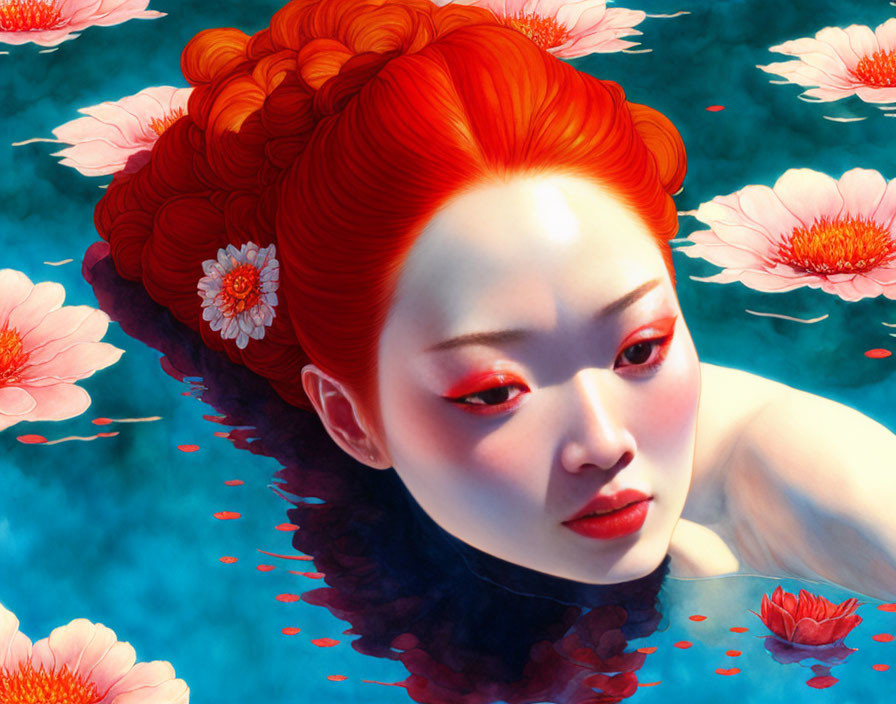 Red-haired woman floating among pink water lilies in serene water