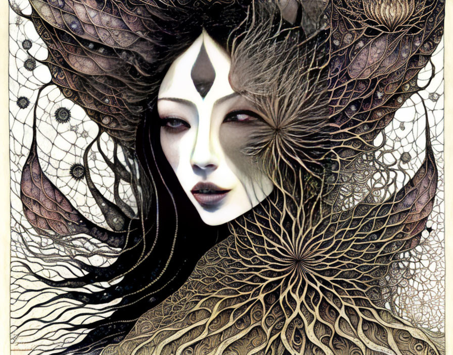 Detailed Artwork: Pale-skinned Woman in Intricate Feather-like Patterns