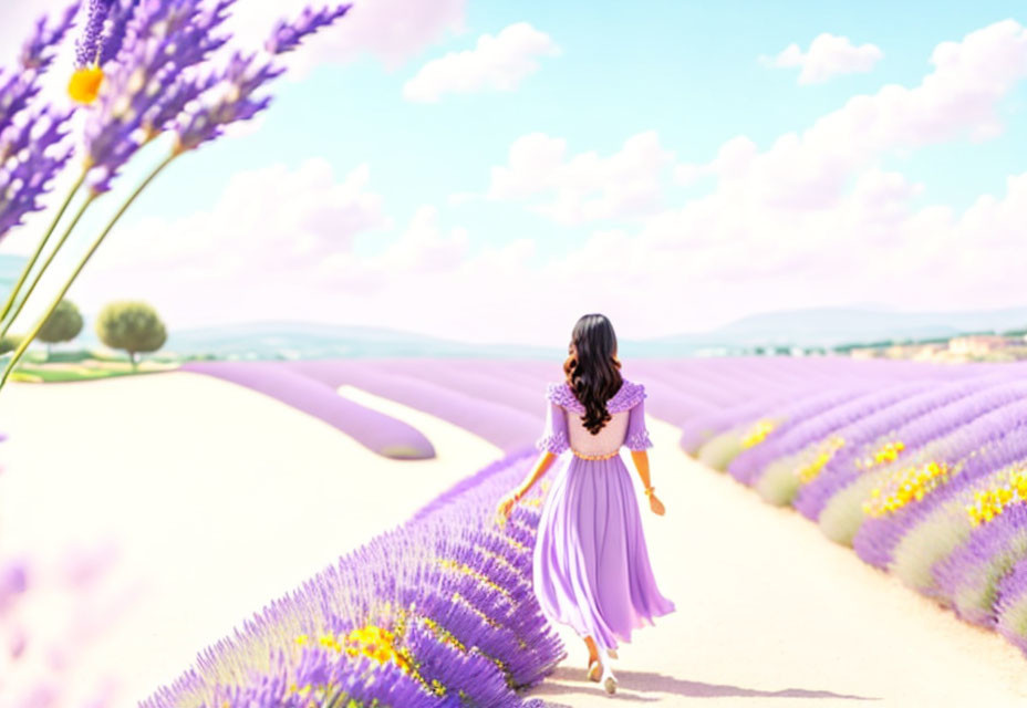 Woman in Purple Dress Strolling Lavender Field Under Blue Sky