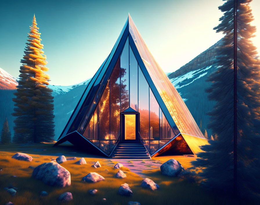 Futuristic triangular glass cabin in serene forest setting at sunset