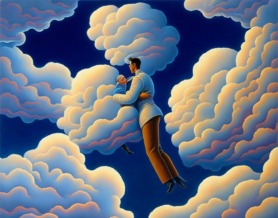 Surreal artwork featuring man holding baby in floating clouds