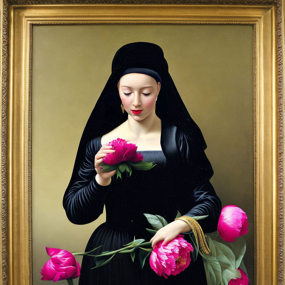 Woman in black dress with pink peony in golden-framed portrait.