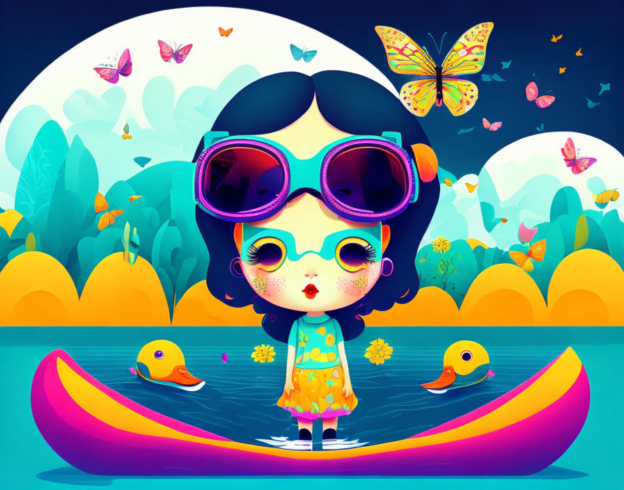 Whimsical illustration of girl in canoe with ducks and vibrant nature