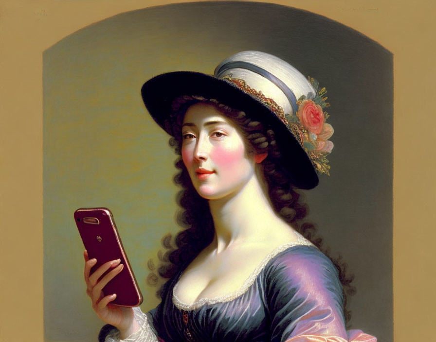 Classical portrait of woman in vintage attire with modern smartphone