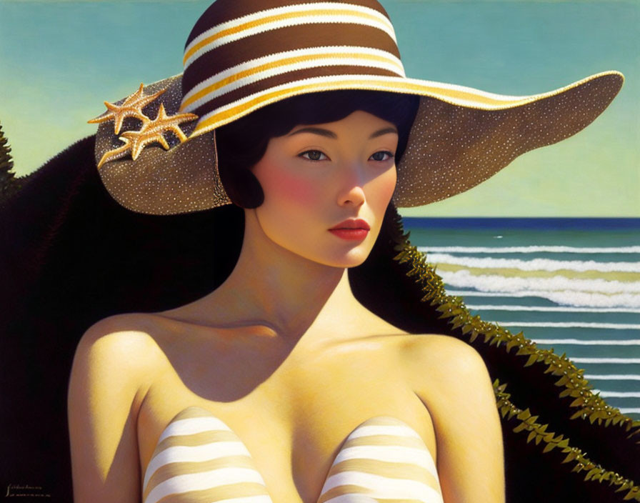 Woman in Striped Sunhat and Bikini Top by the Sea