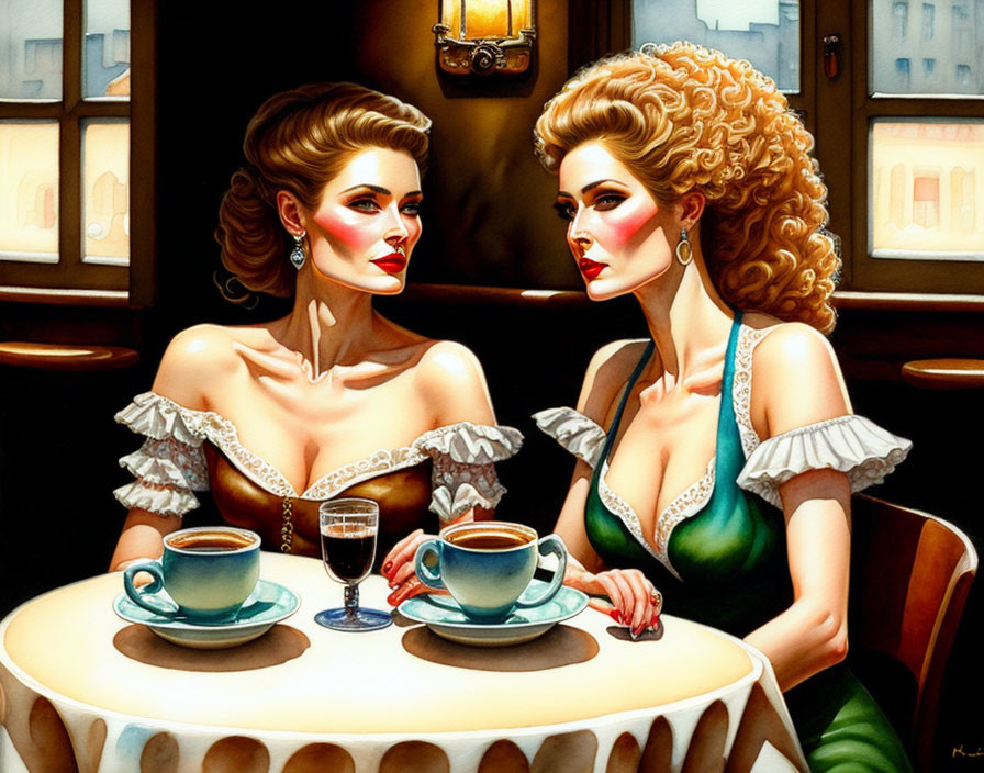 Two women in stylish attire at cafe table with coffee cups, discussing, cityscape through window.