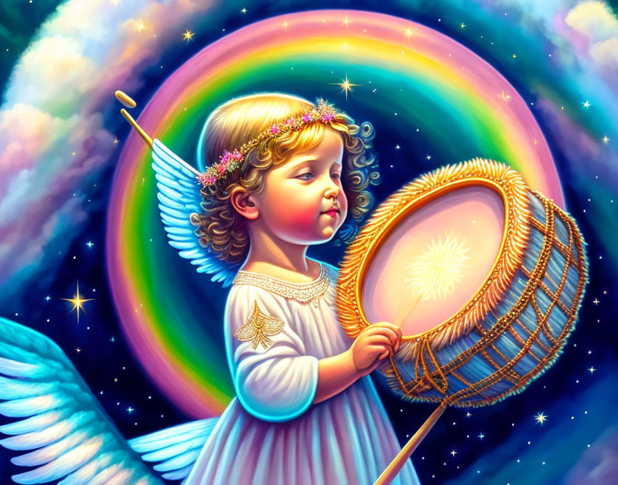 Illustration of angelic child with wings holding a net, star, rainbow, starry background