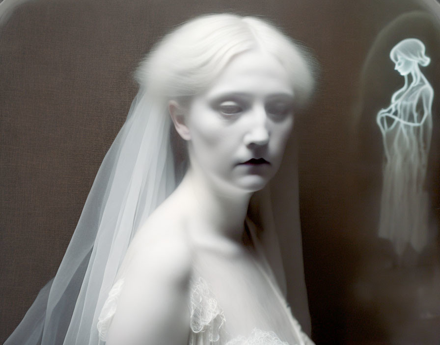 Ethereal woman in bridal veil with haunting figure in background