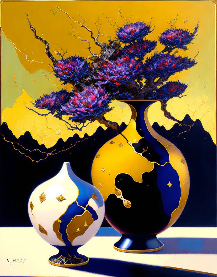 Colorful Surrealist Painting: Cracked Golden Vase, Blooming Tree, Globe, Yellow Sky