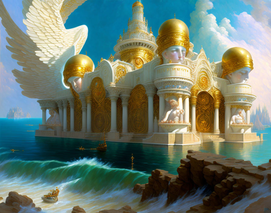 Opulent palace with golden domes and statues by surreal ocean.