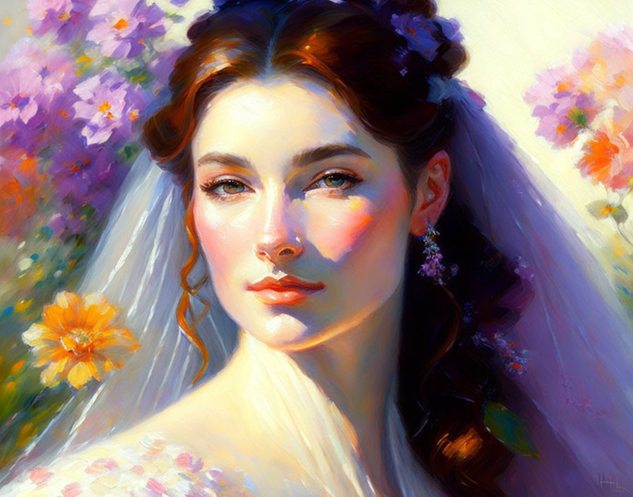 Vibrant floral portrait of a woman with flowers in her hair