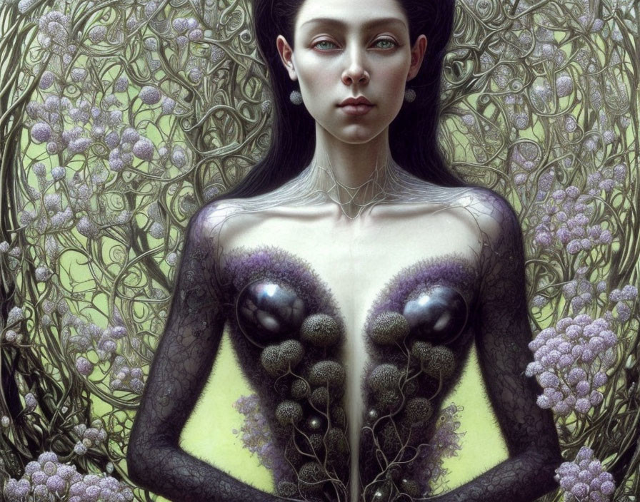 Surreal portrait of female figure with botanical elements and vibrant eye colors