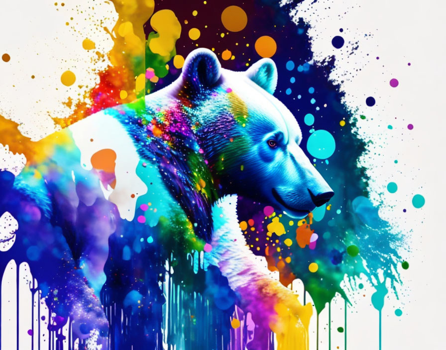 Colorful Polar Bear Illustration with Paint-Splattered Background