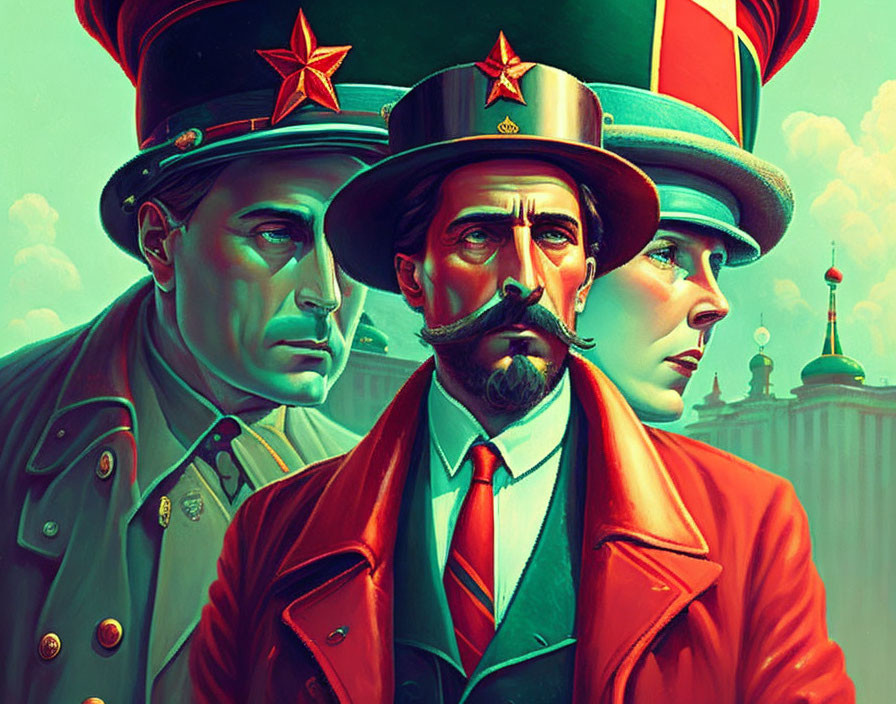 Three vintage-style characters in colorful attire against iconic structures.