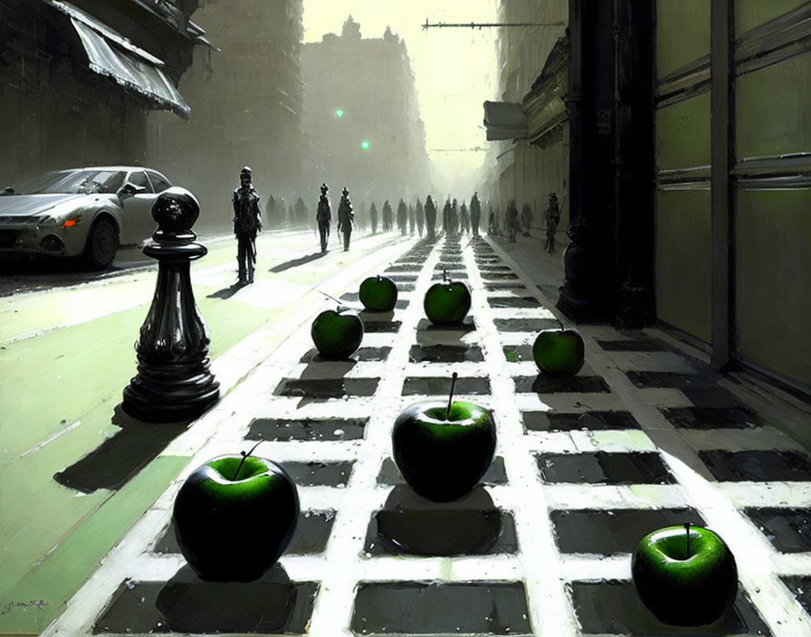 Surreal city street scene with giant chessboard pattern and apple pawns