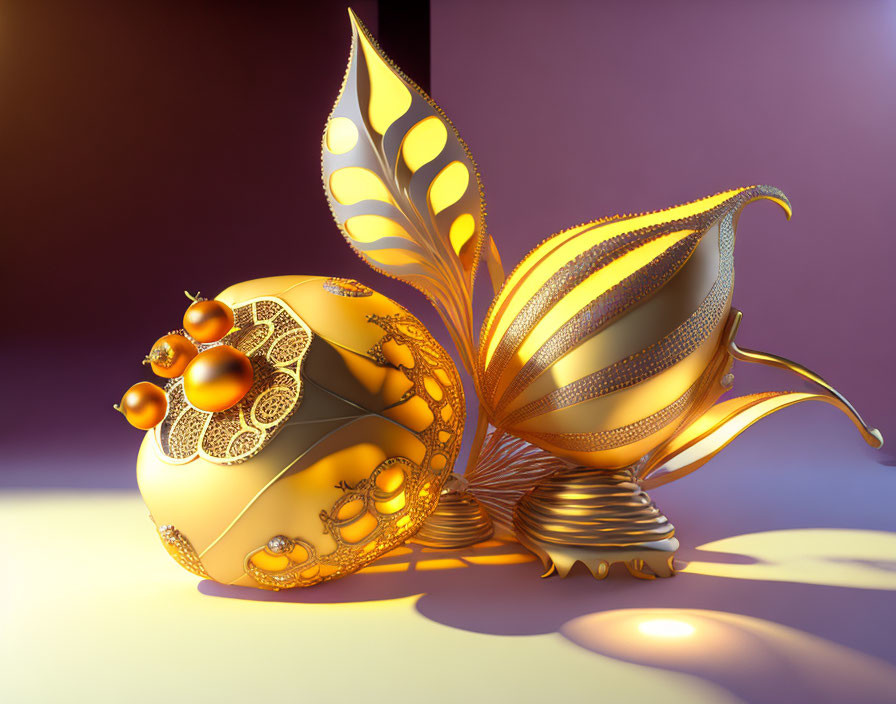 Fantastical golden snail with leaf-like shell patterns in 3D illustration