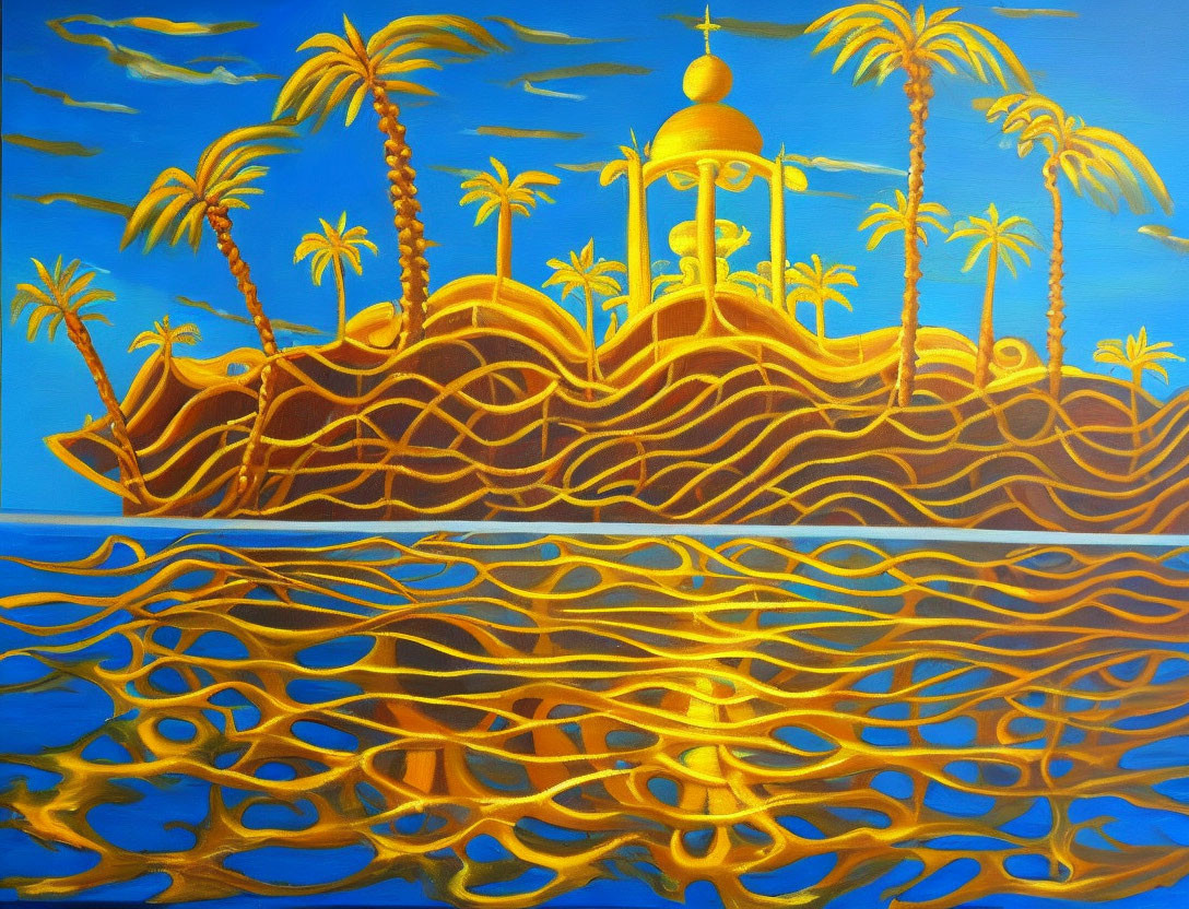 Golden landscape with palm trees and floating ship-like structure on blue water