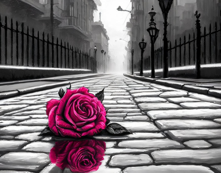 Pink rose on cobblestone street with buildings and street lamps reflected in water.