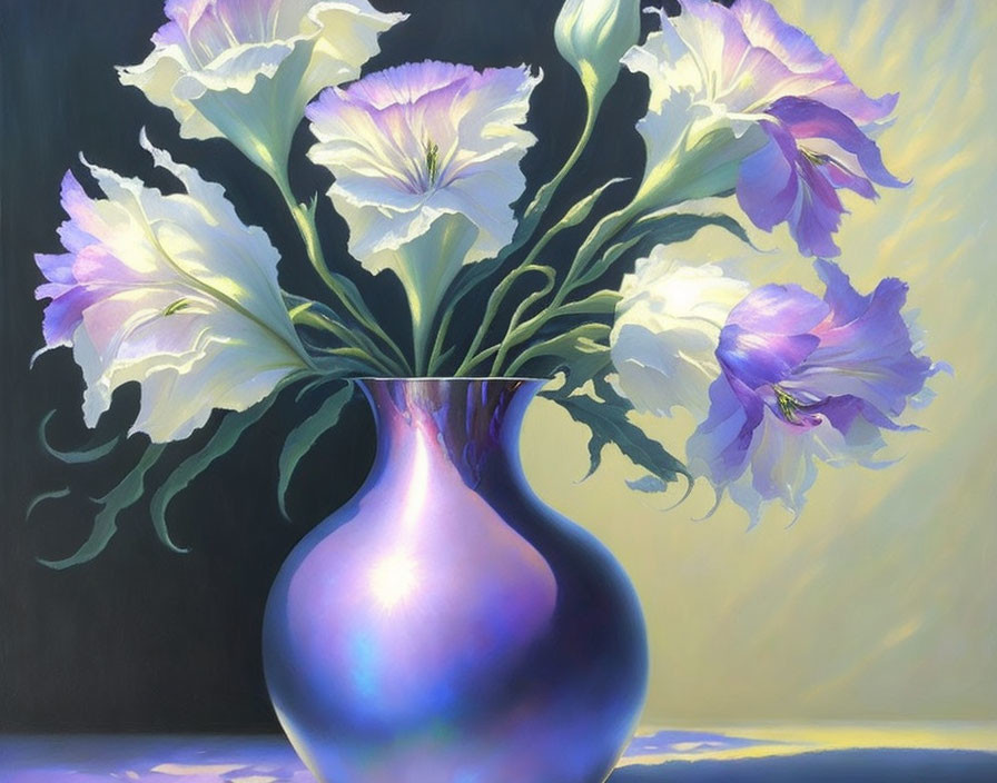 Colorful painting of purple and white flowers in a shiny vase with soft light