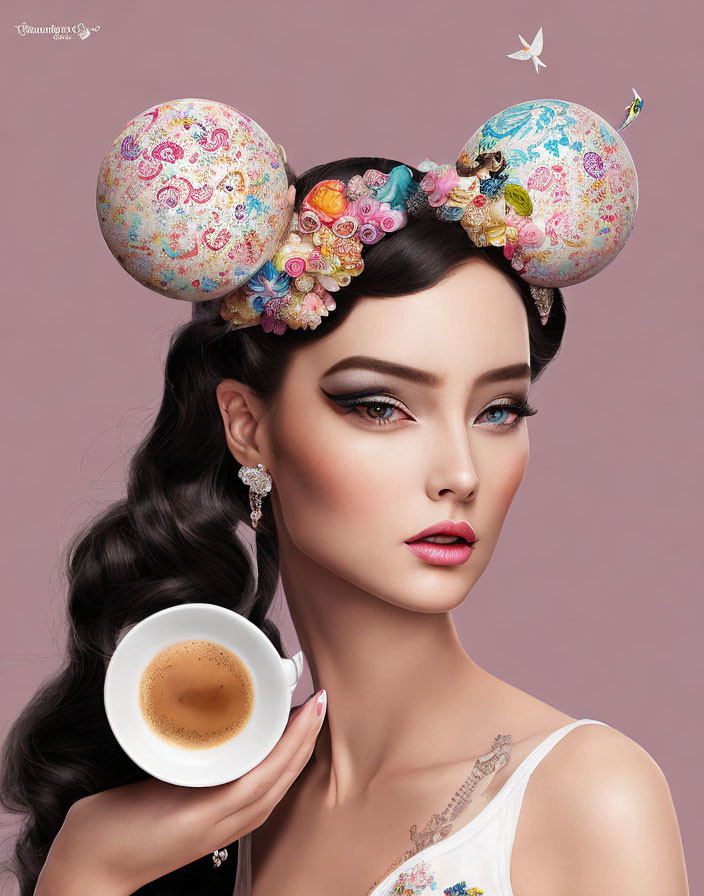 Woman in Floral Mickey Mouse Ears with Teacup and Stylish Hair