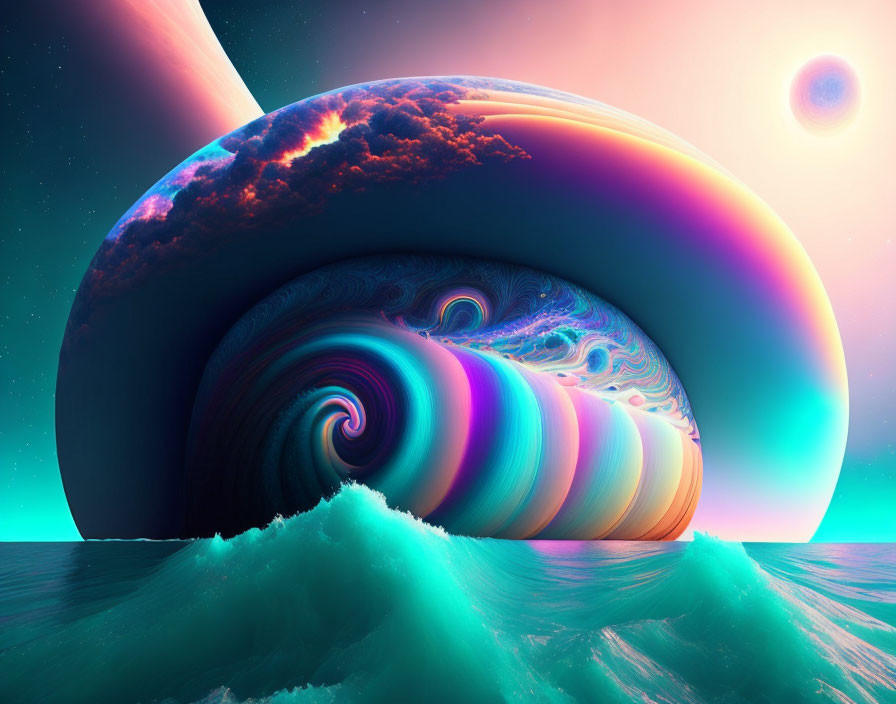 Colorful Psychedelic Digital Artwork with Swirling Vortex and Ocean