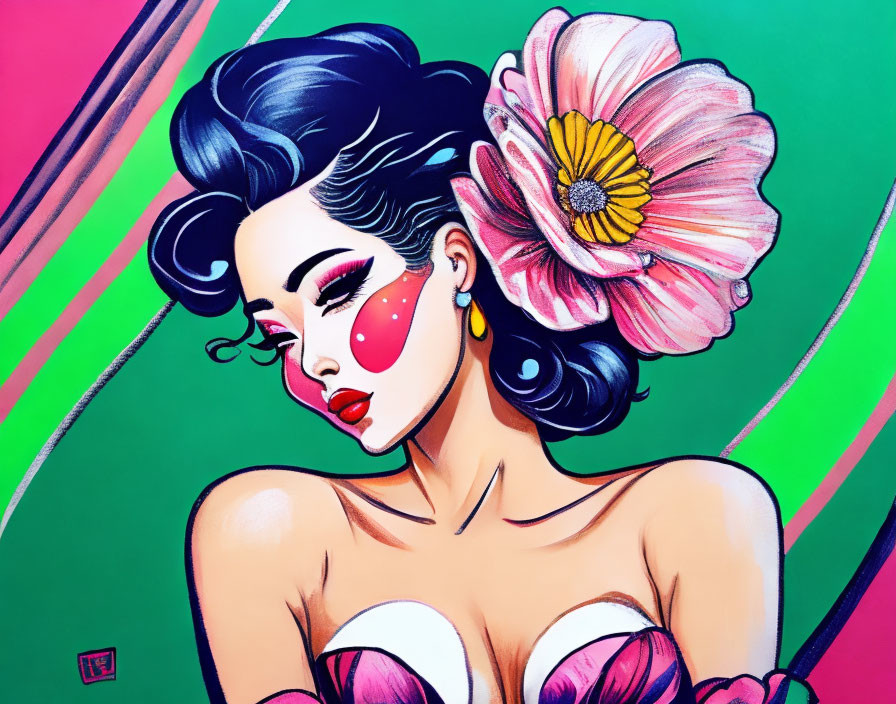 Stylized woman portrait with pink flower, pink dress, and striped background