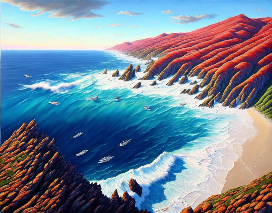 Scenic coastal landscape with red cliffs, sandy beach, turquoise waters, boats, and cloudy sky