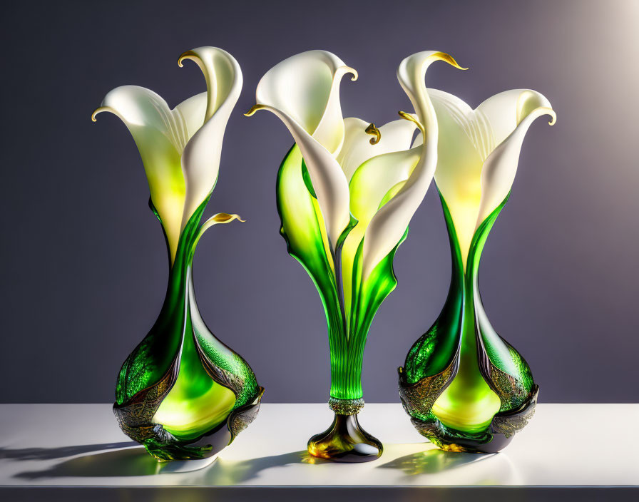 Glass sculptures of white calla lilies with green stems on gray backdrop