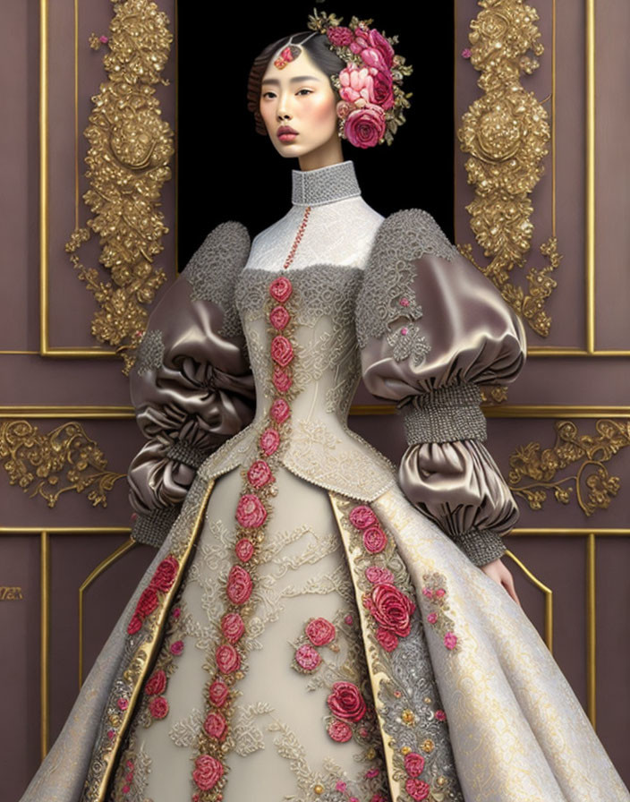 Historical woman in ornate dress with puffed sleeves and floral embroidery.