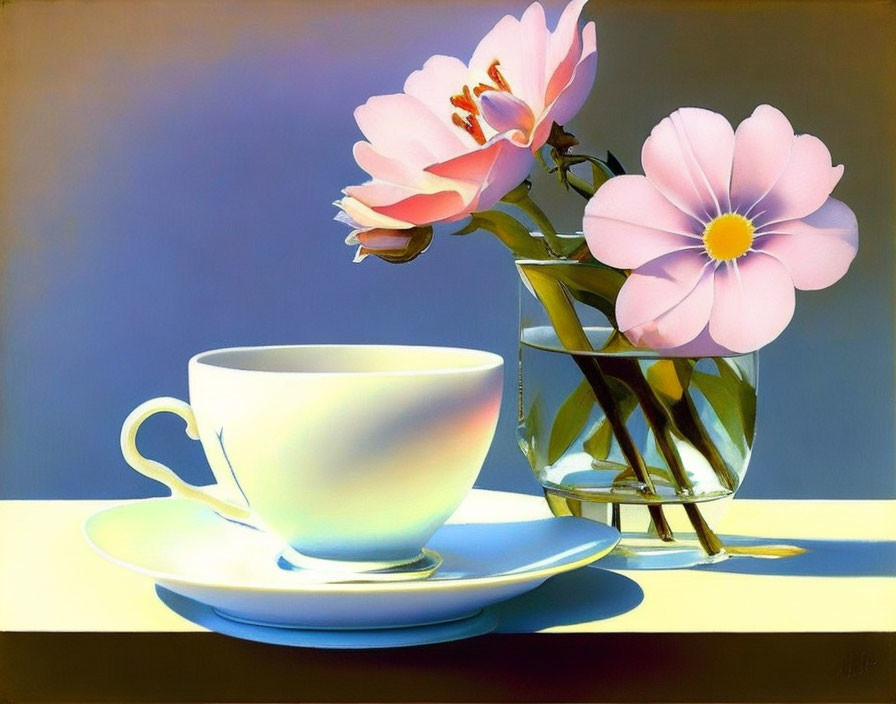 Still Life Painting: White Cup, Saucer, Pink Flowers, Vase