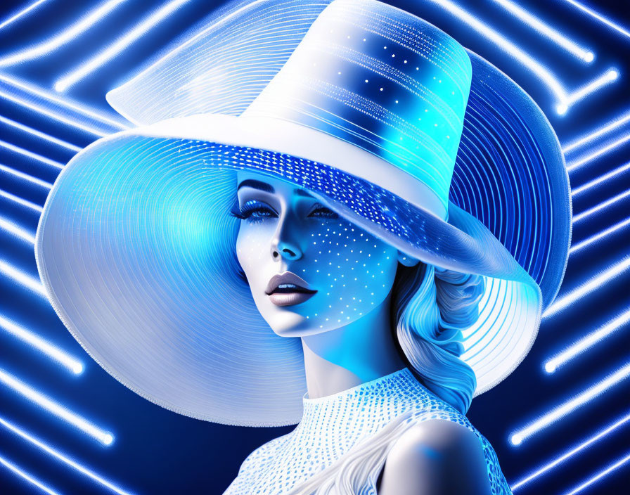 Digital artwork: Woman with glowing blue skin & wide-brimmed hat on neon backdrop