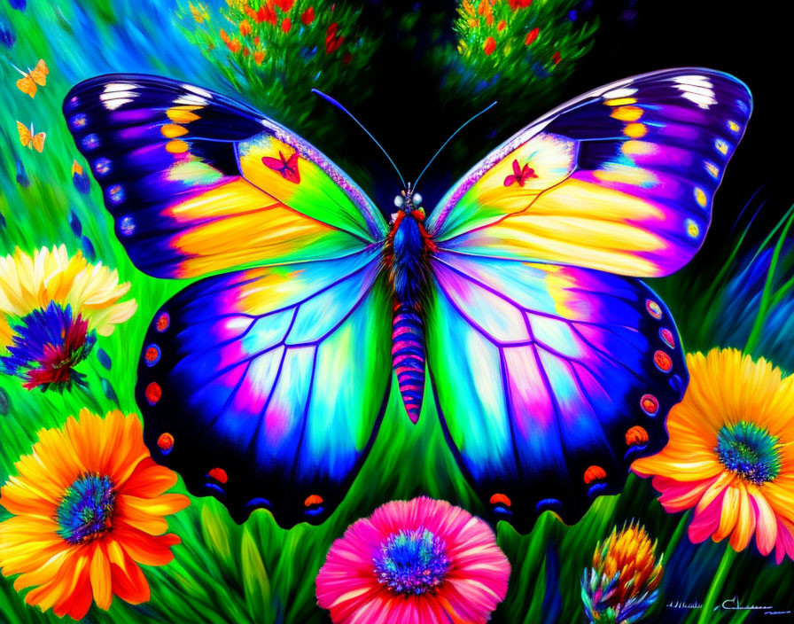 Colorful Butterfly Artwork with Blue and Yellow Wings in Fantasy Setting