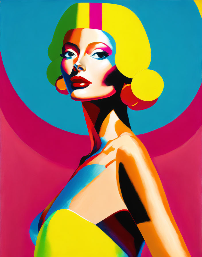 Vibrant stylized portrait of woman with bold features