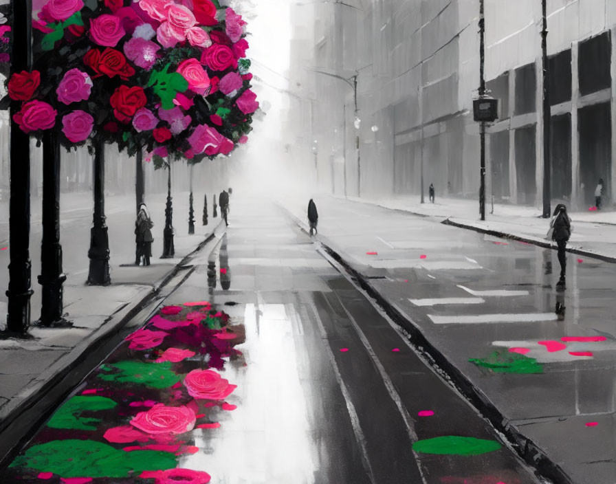 Misty city street with pink and red roses, wet pavement, silhouetted pedestrians