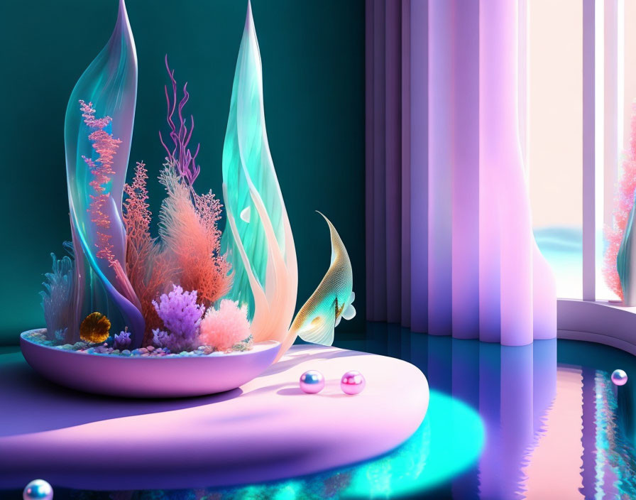 Colorful digital art: Fishbowl, coral, fish, pink light window