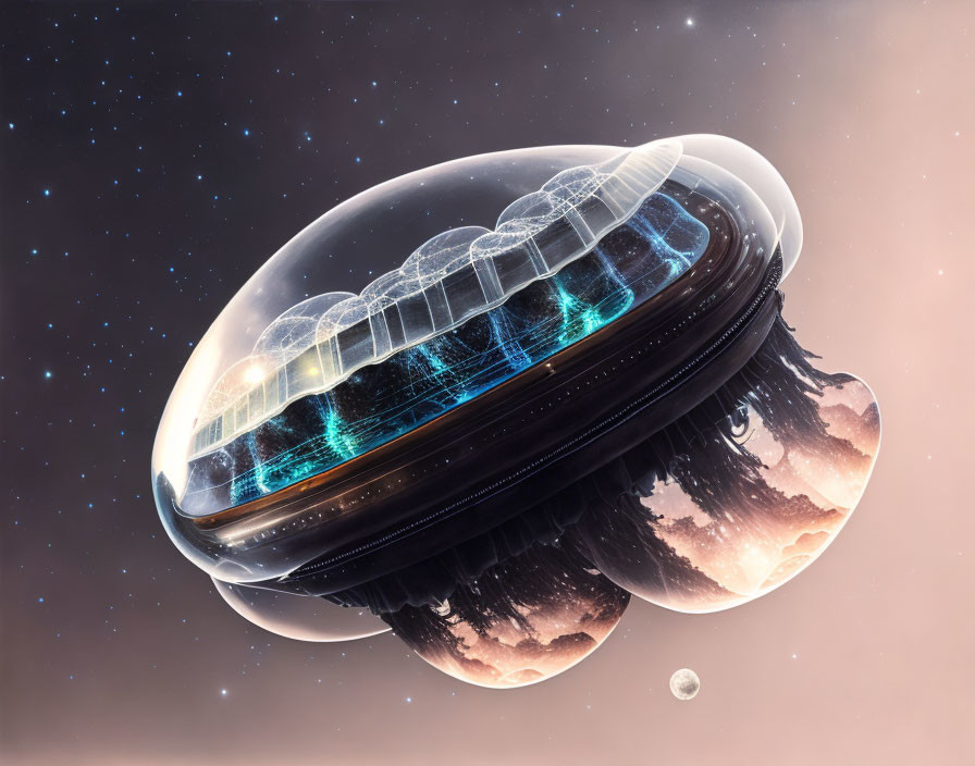 Transparent dome encases futuristic city in space