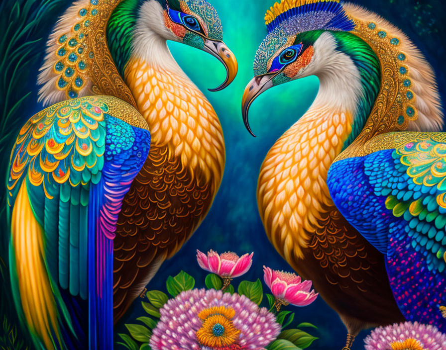 Colorful Stylized Peacocks & Flowers on Teal Background