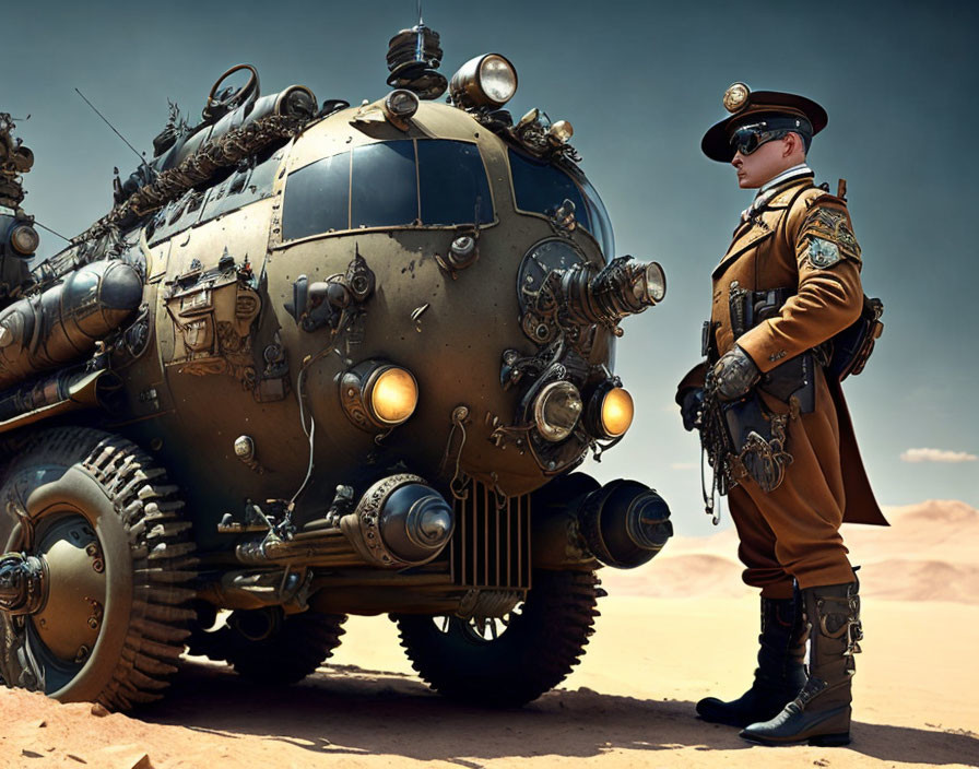 Steampunk uniformed person next to large spherical mechanical vehicle in desert