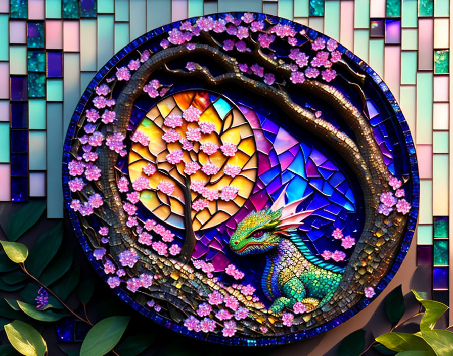 Colorful dragon and cherry blossoms in circular stained-glass artwork