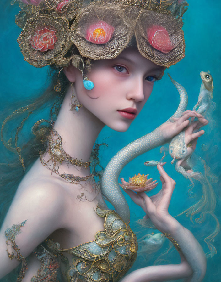 Fantasy woman portrait with aquatic-themed attire and tentacled creature in serene blue backdrop