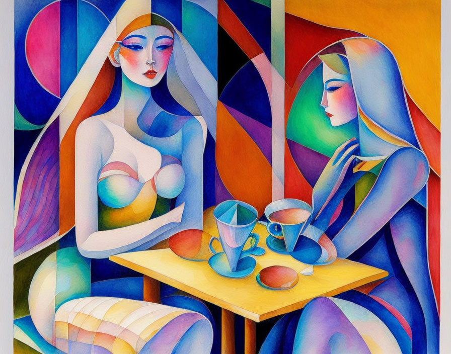 Vibrant cubist artwork of two women at a table with cups and fruit