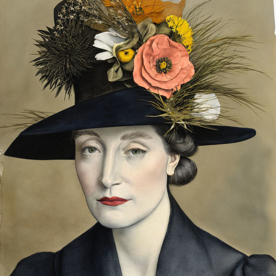 Vintage Portrait of Woman with Pale Skin in Elegant Flower-Adorned Hat