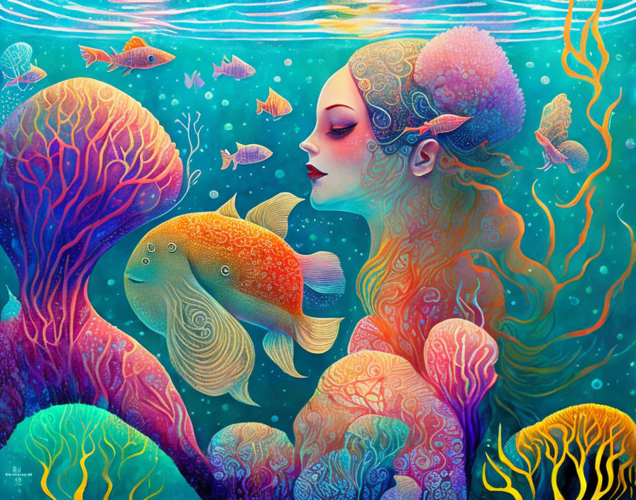 Colorful underwater illustration of a woman with aquatic features and coral.