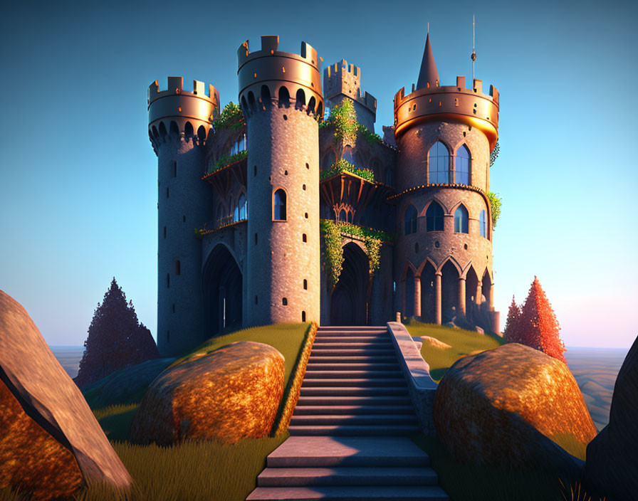 Majestic fairytale castle with turrets in scenic sunset landscape