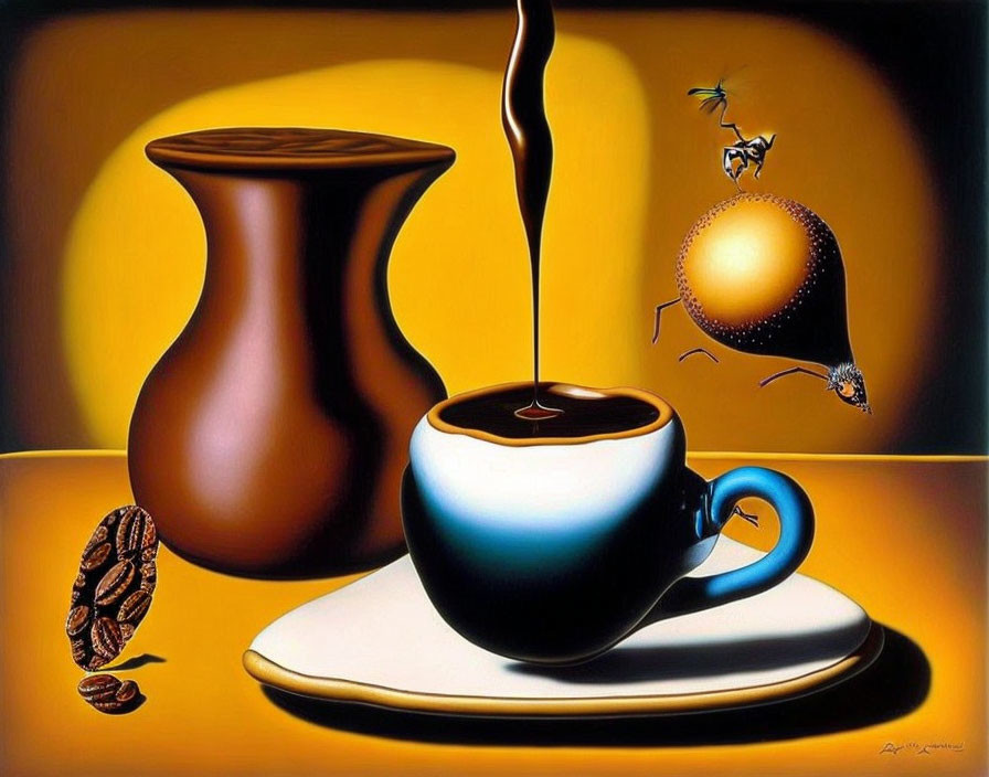 Surreal painting of coffee cup with liquid stream, bean, jug, and abstract elements on amber